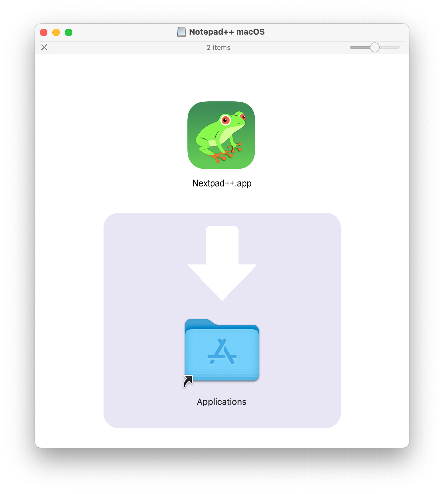 Nextpad++ for macOS DMG window showing the Nextpad++.app icon and Applications folder drag target