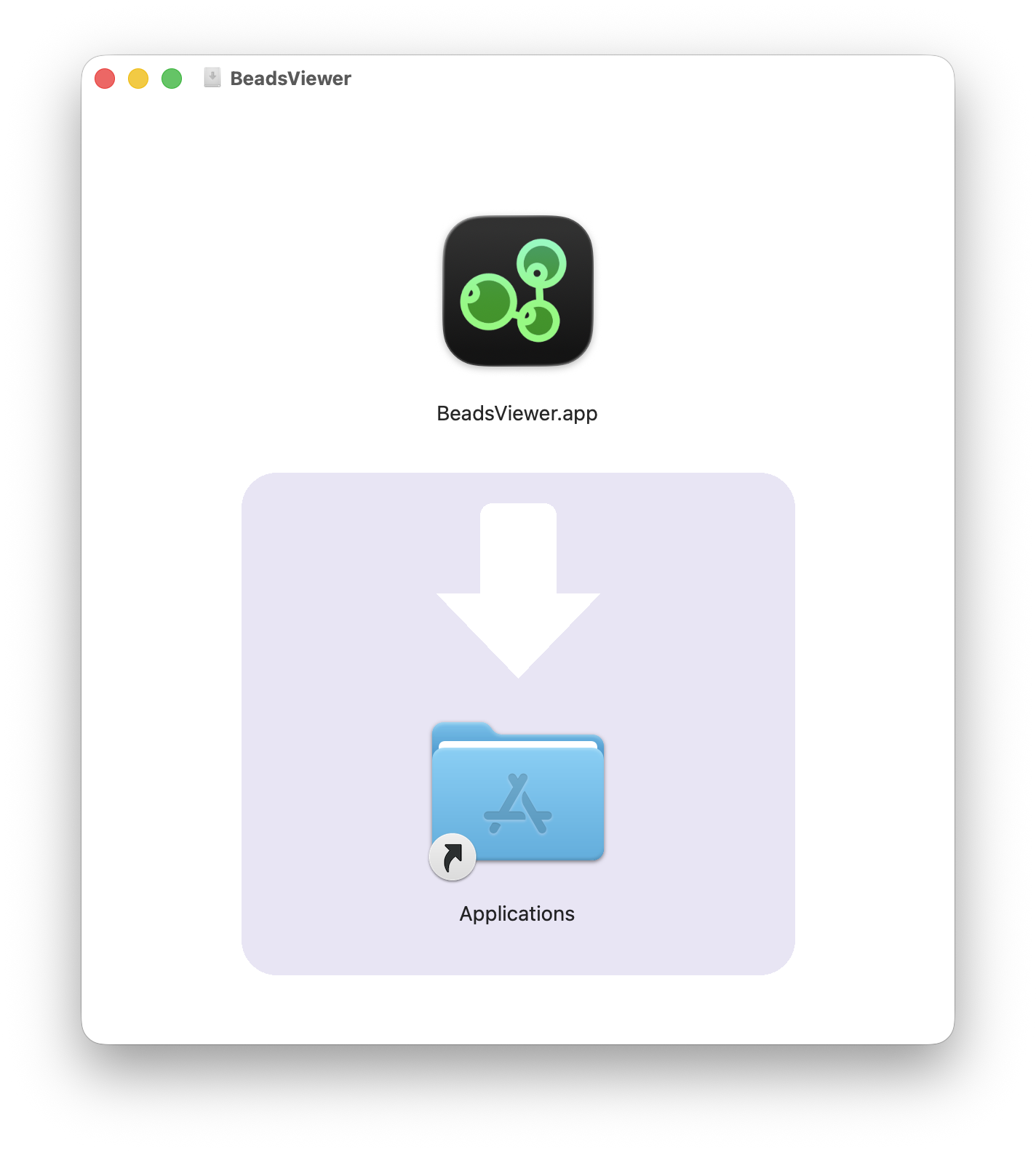 Beads Viewer for macOS DMG window showing the BeadsViewer.app icon and Applications folder drag target