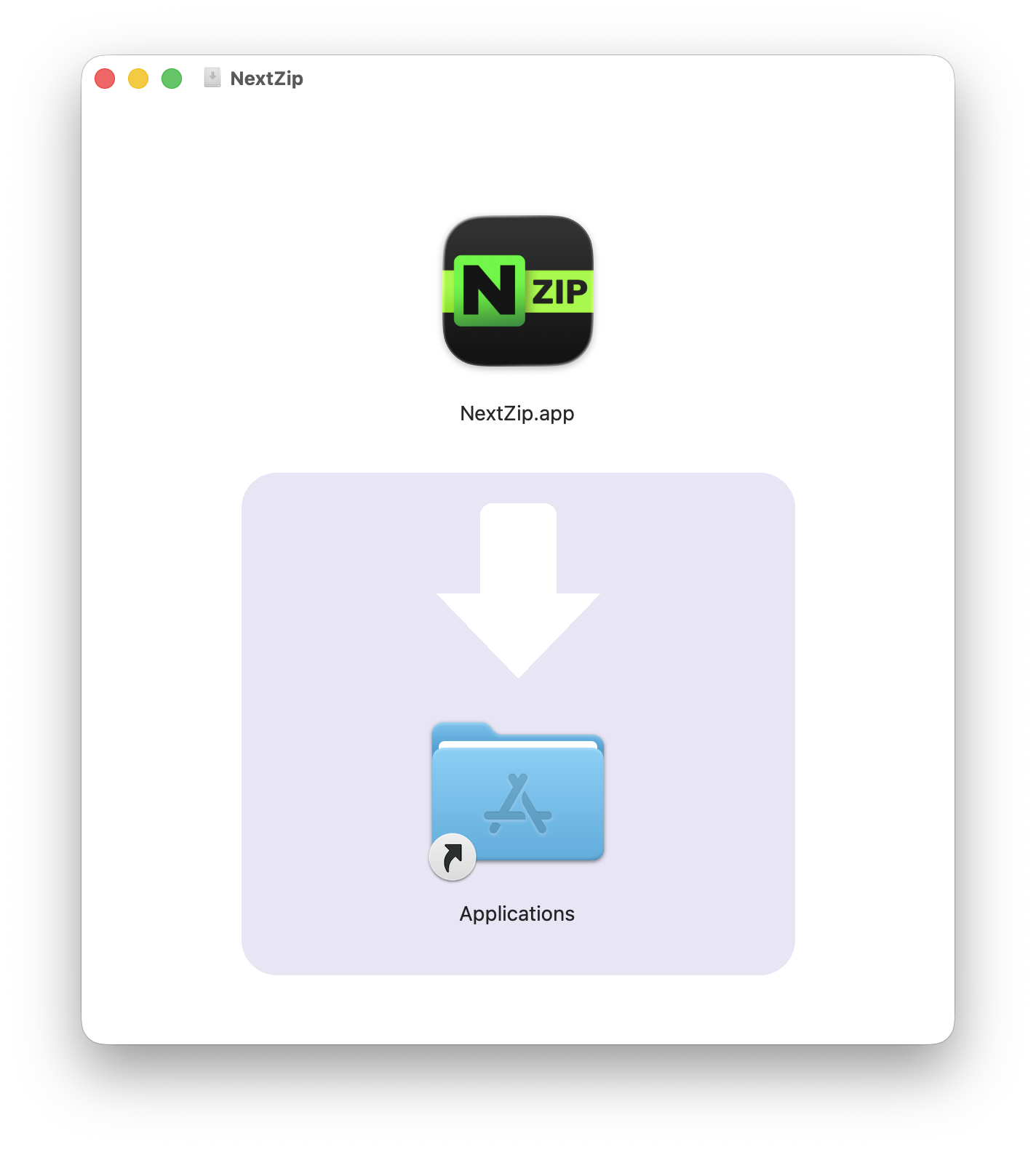 NextZip for macOS DMG window showing the NextZip.app icon and Applications folder drag target