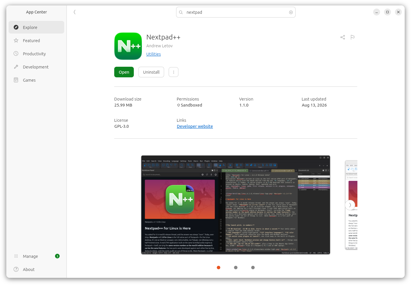 Nextpad++ on the Ubuntu App Center — version 1.1.0, GPL-3.0, sandboxed, with the Open and Uninstall buttons