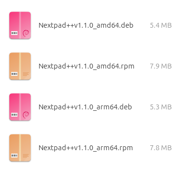 Nextpad++ for Linux packages — .deb and .rpm for x86_64 and arm64, plus the Ubuntu App Center snap