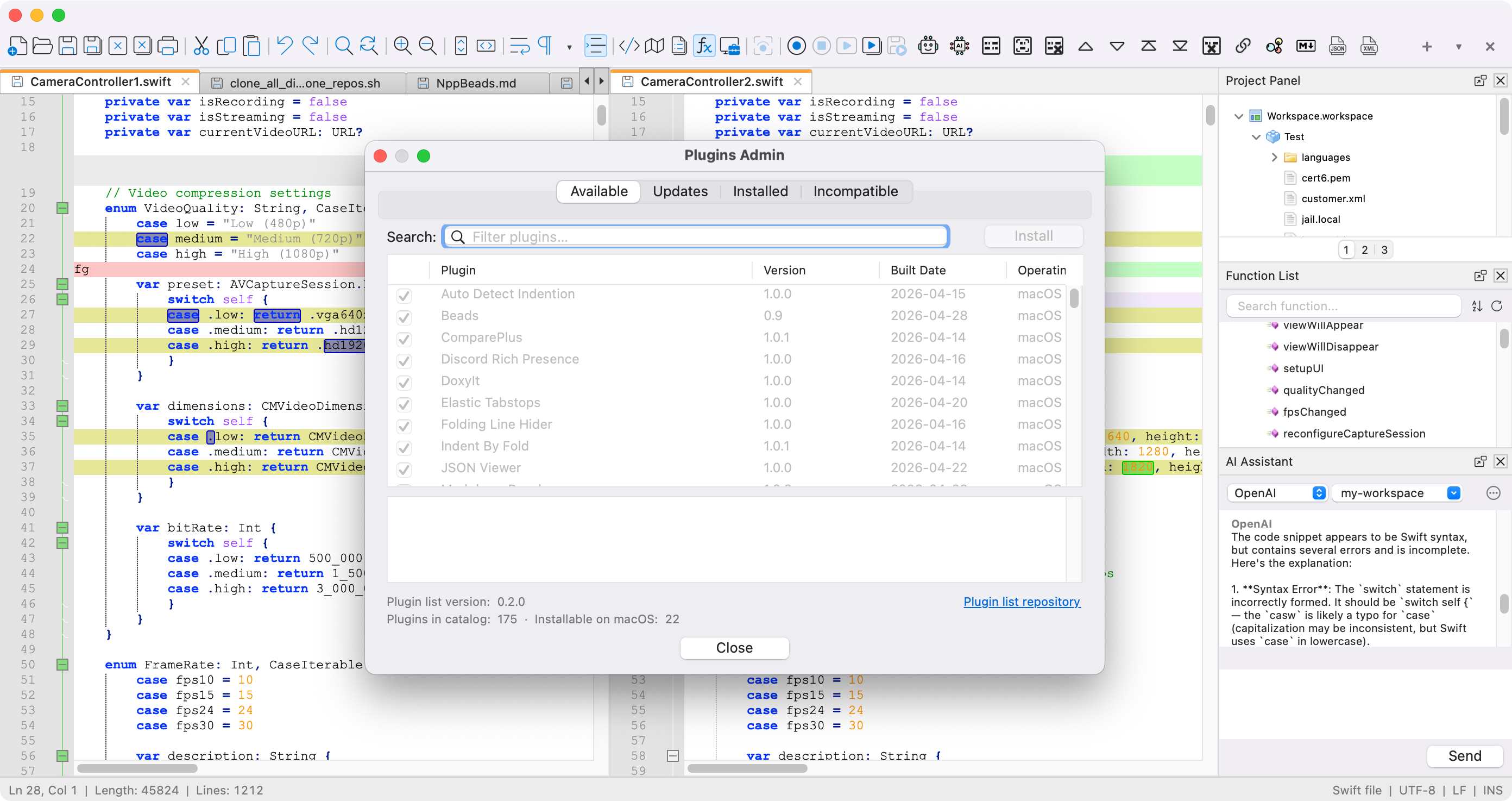 Notepad++ Plugins Admin window on macOS showing the Available tab with a list of plugins for Mac, including checkboxes for install selection