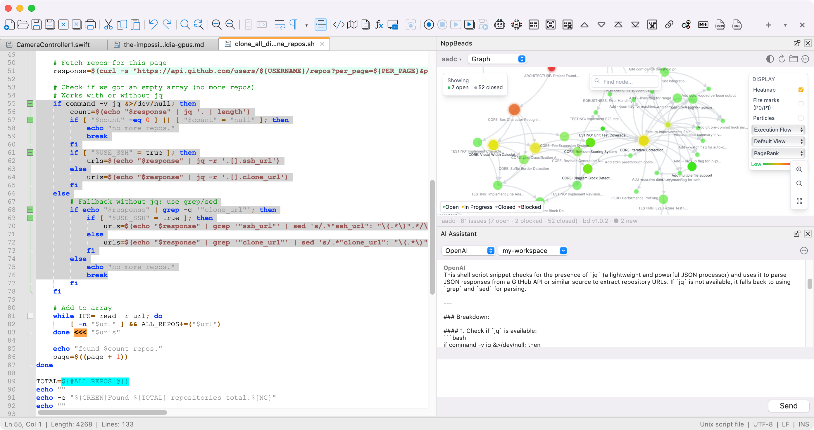 Nextpad++ for macOS in light mode showing syntax-highlighted code with tabs and document map