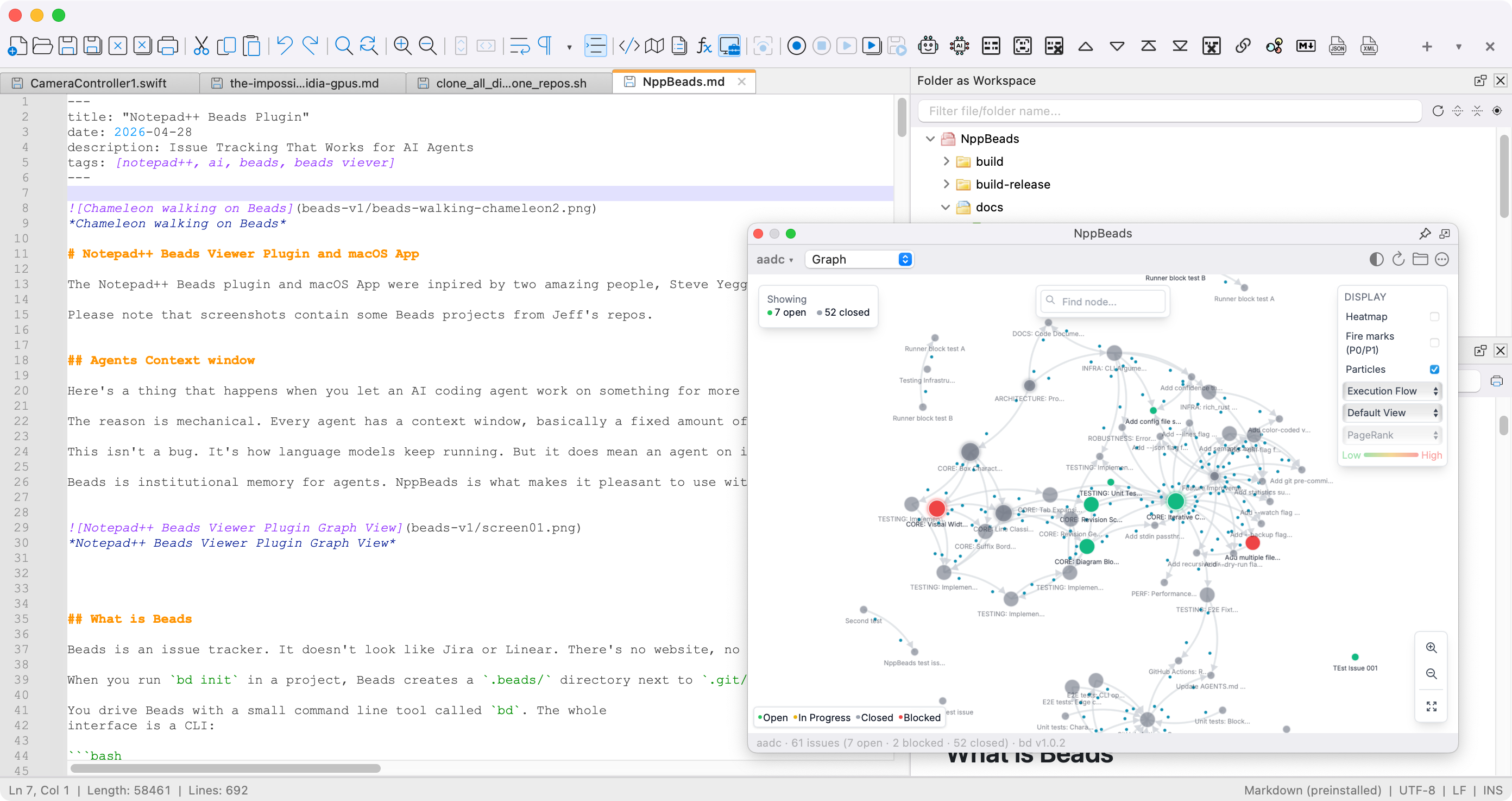 Nextpad++ for macOS light mode showing split view editing, code folding, and search results