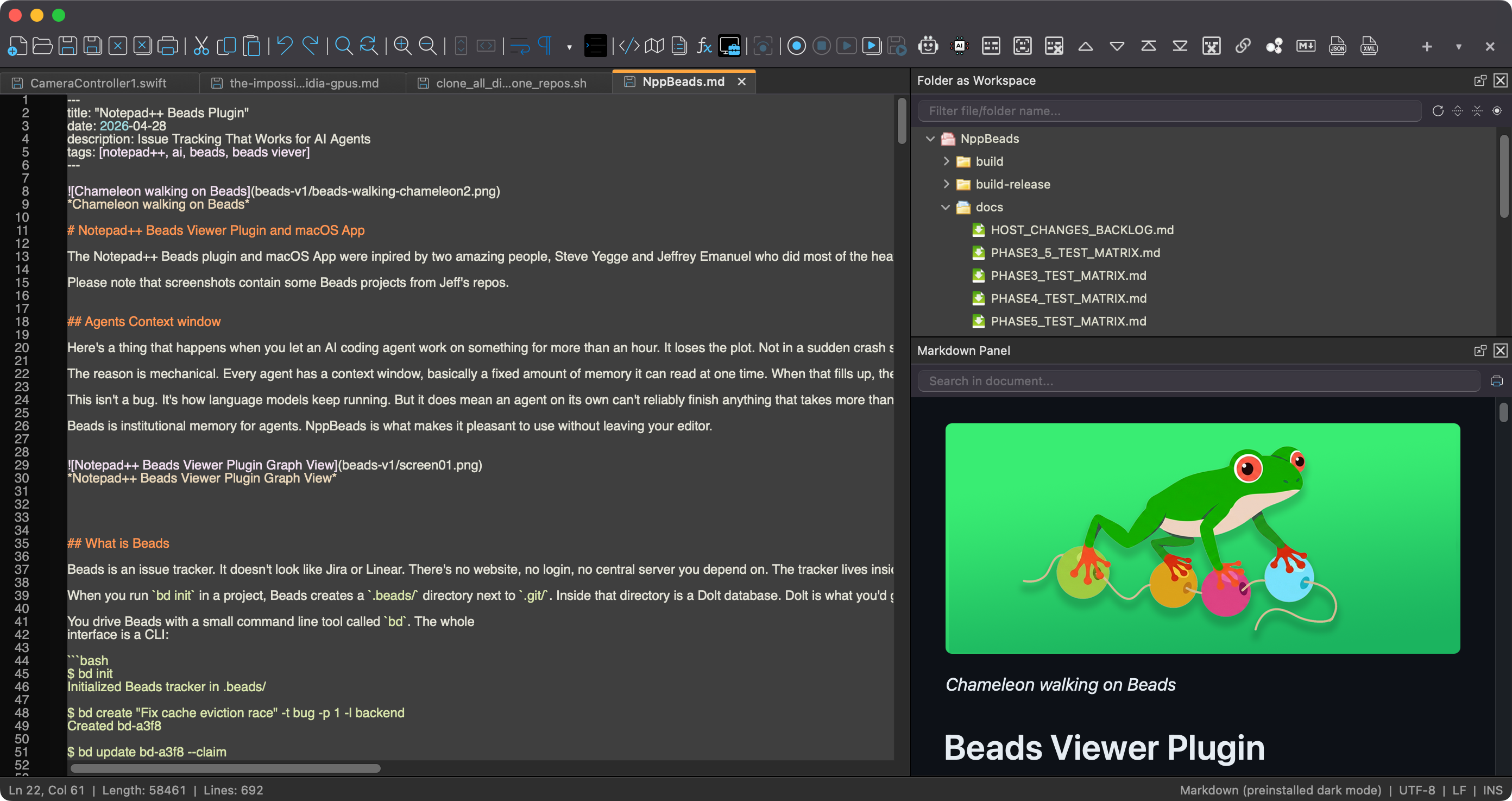 Nextpad++ for macOS light mode with the Plugin Admin window and ported macOS plugins