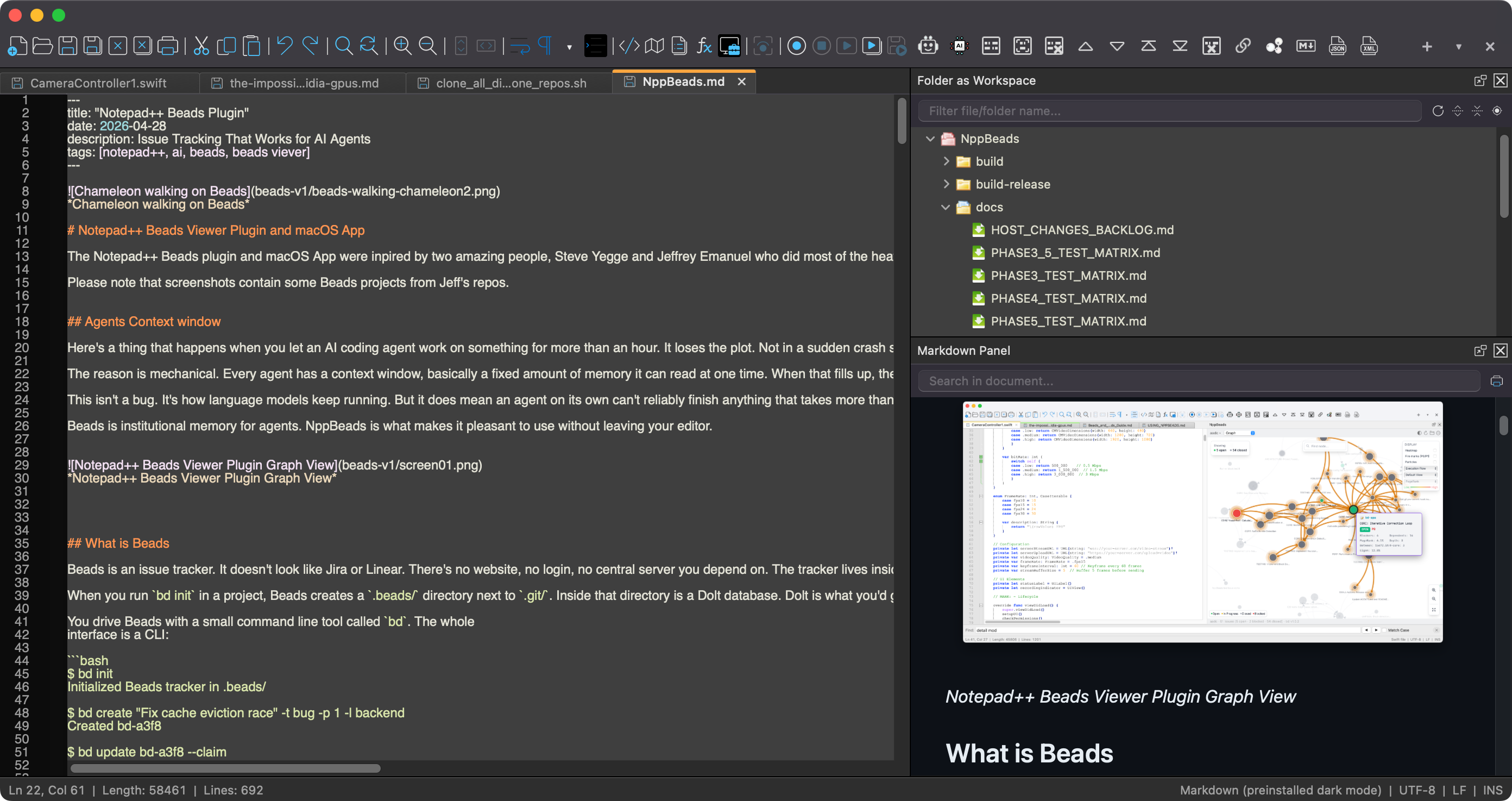 Nextpad++ for macOS in dark mode with native macOS chrome and syntax-highlighted source