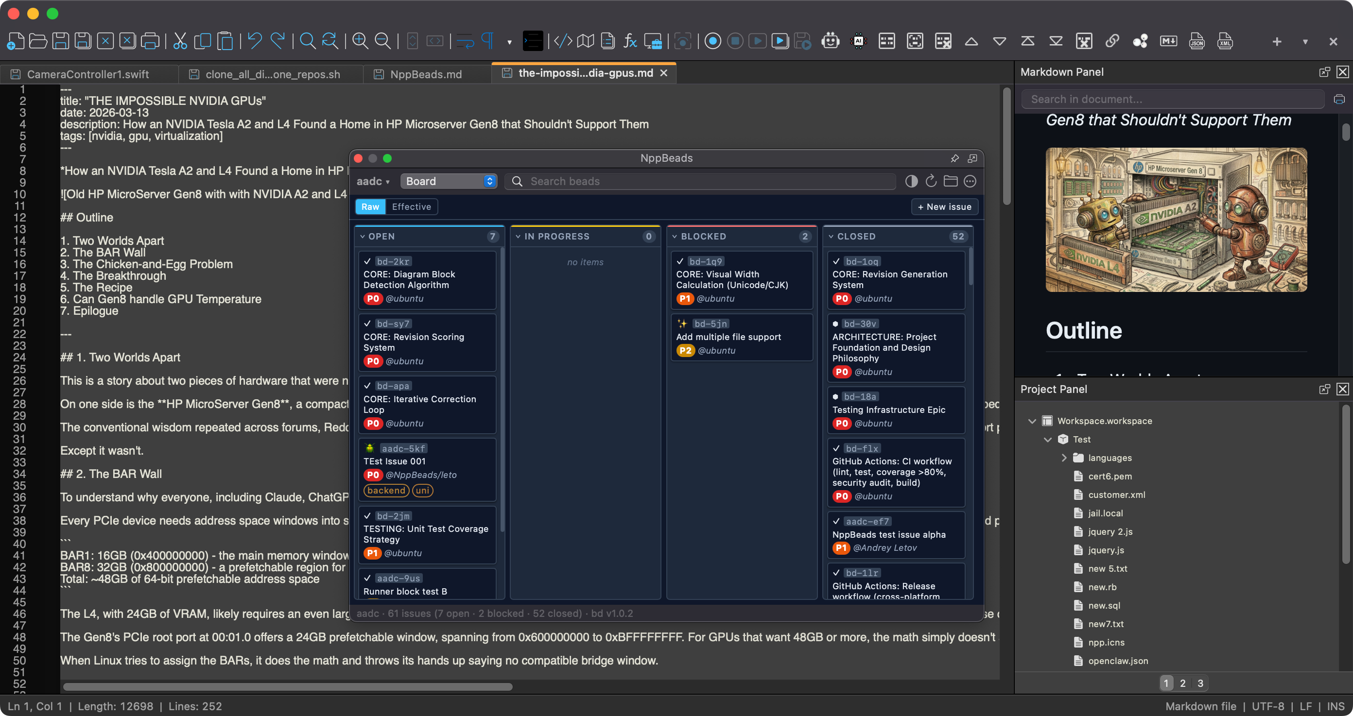 Nextpad++ for macOS dark mode showing tabs, document map, and find-in-files results