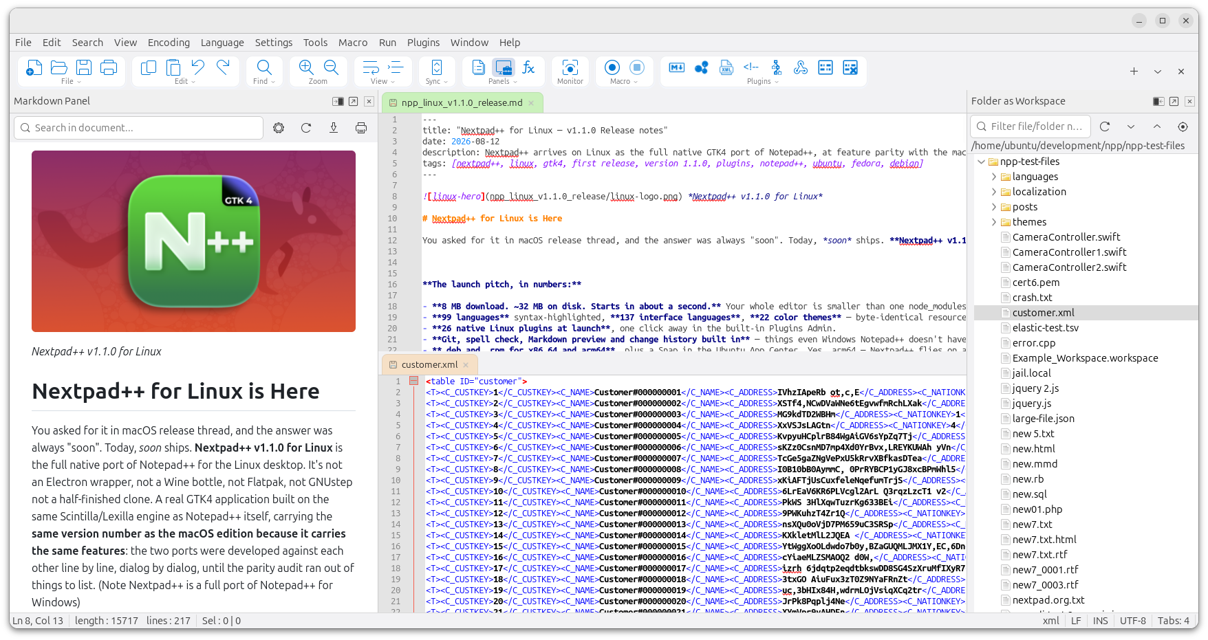 Nextpad++ for Linux running natively on Ubuntu with GTK4, showing the Markdown Panel, the tabbed editor with syntax-highlighted source, and the Folder as Workspace side panel