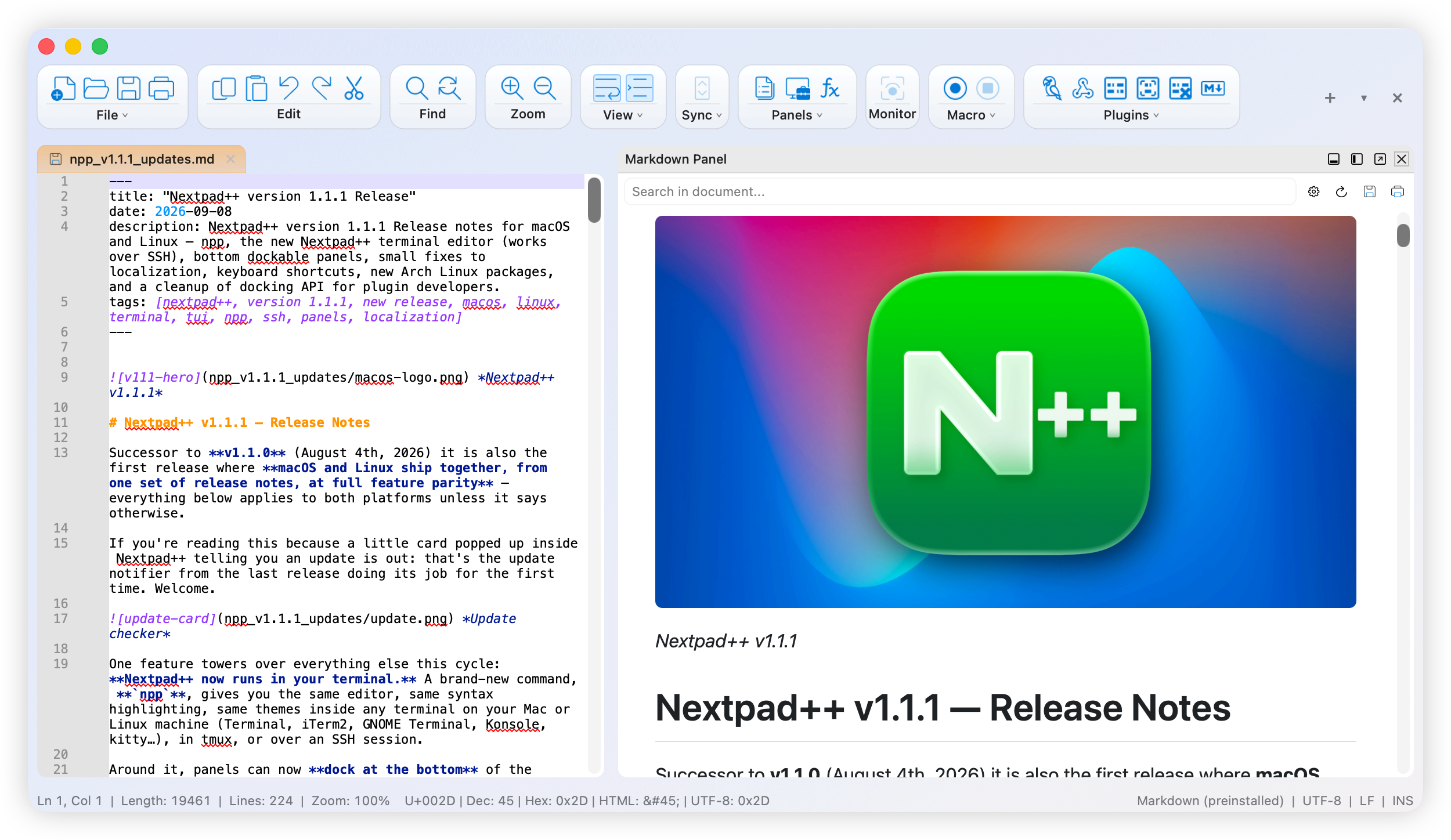 Nextpad++ for macOS in Light mode